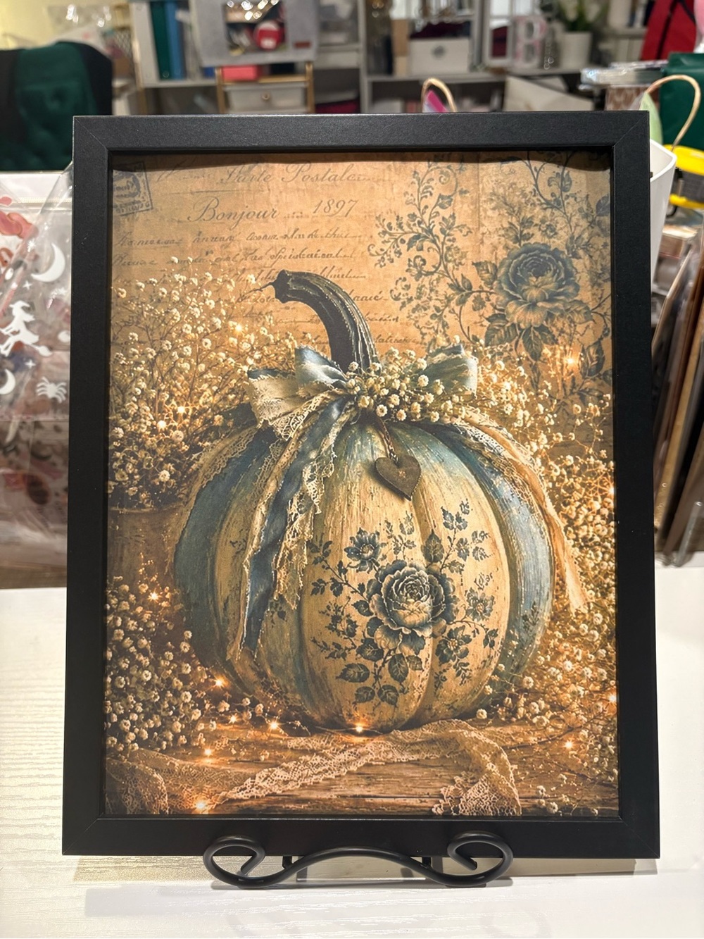 Blue and Cream Floral Pumpkin Framed 8x10 Wall Art